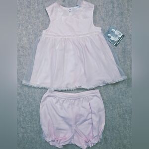 Piper & Posie 2‎ Piece Pink And Lace  Dress & Bloomer Set Lace Bows 3M